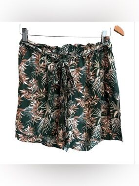 Tropical Print Forest Green Tie-Waist Bermuda Shorts